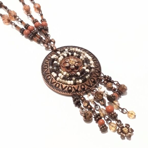 Avon Boho Southwestern Inspired Copper Tone Beaded Fringed Pendant Necklace - Picture 4 of 5